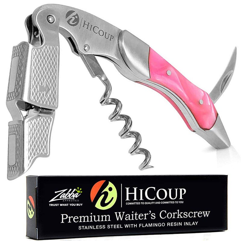 HiCoup Kitchenware Hicoup Wine Opener - Professional Corkscrews for Wine Bottles w/Foil Cutter and Cap Remover - Manual Wine Key for Servers, Waiters, Bartenders and Home Use - Stainless Steel With Flamingo Resin Inlay - Image 1
